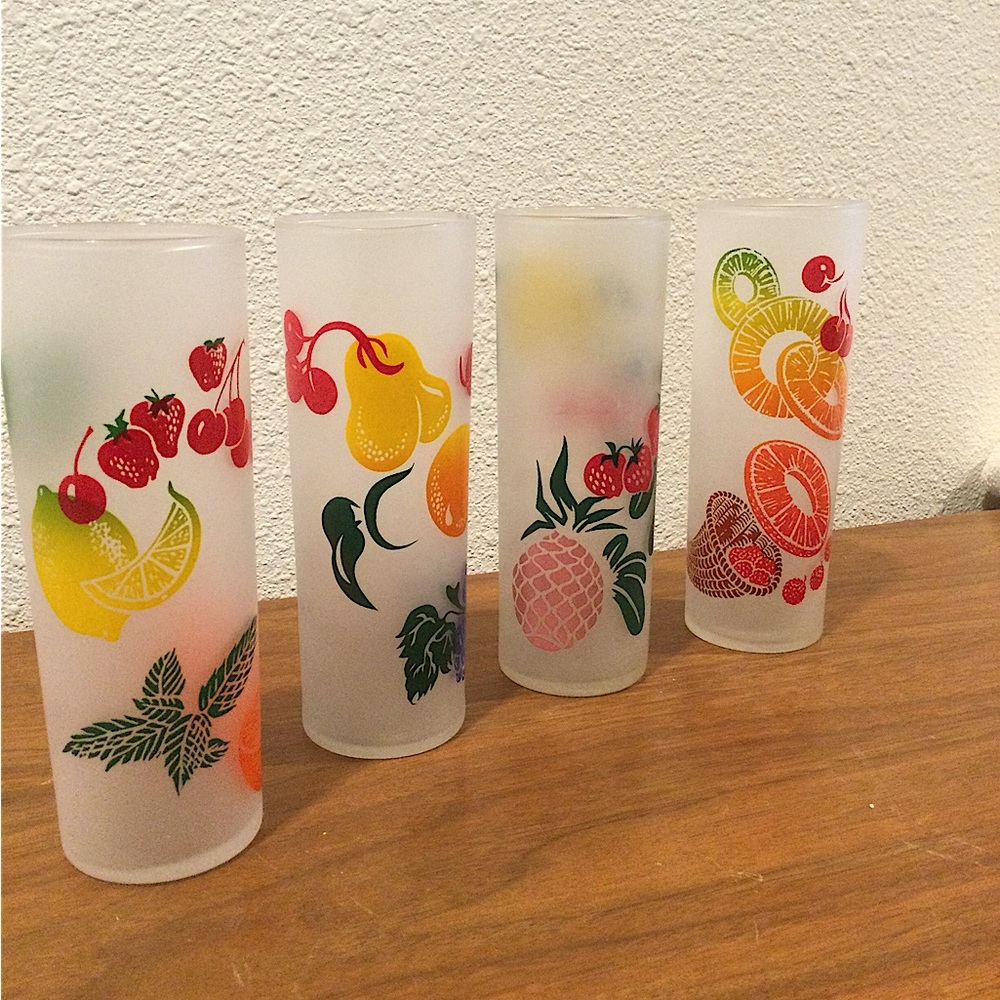 Vintage Federal Glass Frosted Fruit Parrerned Tumblers Set of 4 Retro Barware